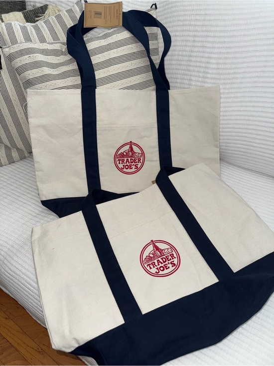 Trader Joe'S Handbags - Trader Joe's Cream & Navy Canvas Tote - Classic Logo